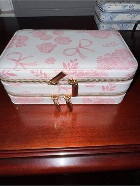 Floral Pink & White Jewelry Organizer Case with Gold Accents